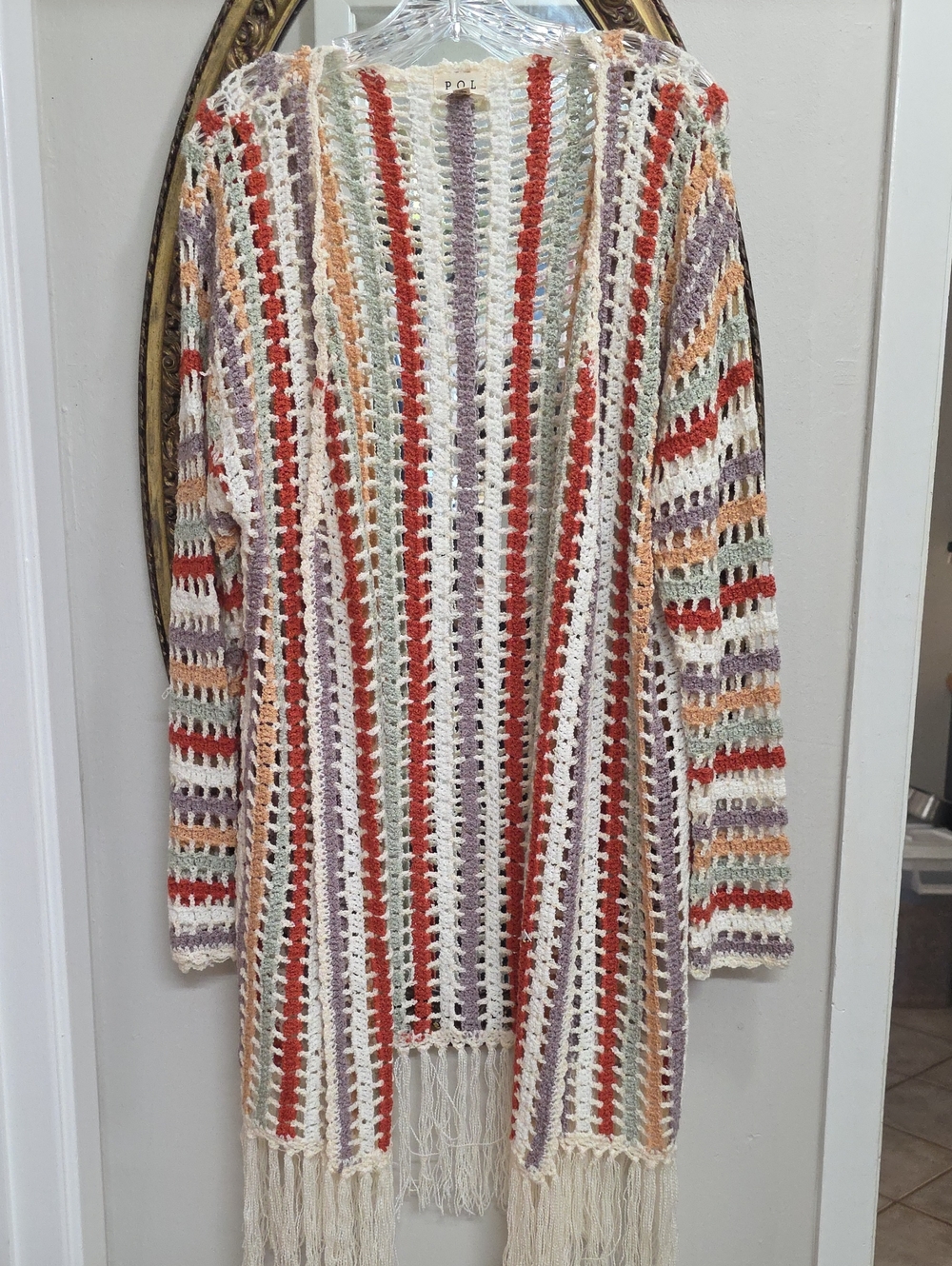 POL Open Knit Crochet Fringe Sweater Duster Multi Color Size L Boho Hippie Chic